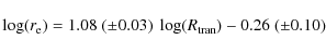 \begin{displaymath}\log(r_{\rm e}) = 1.08 \ (\pm 0.03) \ \log(R_{\rm tran}) - 0.26 \ (\pm 0.10)
\end{displaymath}
