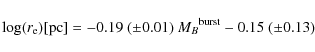 \begin{displaymath}\log(r_{\rm e})[{\rm pc}] = -0.19 \ (\pm 0.01) \ {M_{B}}^{\rm burst} - 0.15 \ (\pm 0.13)
\end{displaymath}