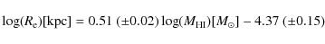 \begin{displaymath}\log(R_{\rm e}) [{\rm kpc}] = 0.51 \ (\pm 0.02) \log(M_{\rm HI}) [M_{\odot}] - 4.37 \ (\pm 0.15)
\end{displaymath}