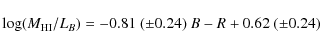 \begin{displaymath}\log(M_{\rm HI}/L_{B}) = -0.81 \ (\pm 0.24) \ B-R + 0.62 \ (\pm 0.24)
\end{displaymath}