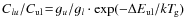$C_{lu}/C_{\rm ul}\!=\!g_u/g_l \cdot
\exp(-\Delta E_{\rm ul}/kT_{\hspace*{-0.2ex}\rm g})$