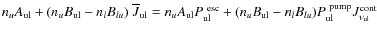 $n_u A_{\rm ul} + (n_u B_{\rm ul} - n_l B_{lu})~\overline{J}_{\rm ul} = n_u
A_{\...
... (n_u B_{\rm ul} - n_l
B_{lu})P^{\rm ~pump}_{\rm ul}J^{\rm cont}_{\nu_{\rm ul}}$