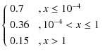 $\displaystyle \left\{ \begin{array}{ll}
0.7 \hspace*{3mm} & , x \leq 10^{-4}\\  [1mm]
0.36 & , 10^{-4} < x \leq 1\\  [1mm]
0.15 & , x > 1
\end{array}\right.$