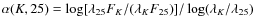 $\alpha({K},25) = \log[\lambda_{25}{F}_{K}/(\lambda_{K}{F}_{25})]/\log(\lambda_{K}/\lambda_{25})$