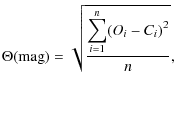 $\displaystyle %
\Theta({\rm mag}) = \sqrt{\frac{\displaystyle\sum_{i=1}^n (O_i - C_i)^{2}}{n}},$