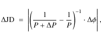 \begin{displaymath}\Delta {\rm JD} \ = \ \left\vert \left( \frac{1}{P + \Delta P} - \frac{1}{P} \right)^{-1} \cdot \Delta \phi \right\vert ,
\end{displaymath}
