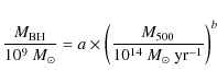 \begin{displaymath}\frac{M_{{\rm BH}}}{10^9~M_{\odot}} = a \times \left(\frac{M_{{\rm 500}}}{10^{14}~M_{\odot}~{\rm yr}^{-1}}\right)^{b}
\end{displaymath}