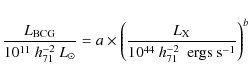 \begin{displaymath}\frac{L_{{\rm BCG}}}{10^{11}~h_{71}^{-2}~ L_{\odot}} = a \tim...
...\rm X}}}{10^{44}~h_{71}^{-2}~~{\rm ergs~ s}^{-1}} \right)^{ b}
\end{displaymath}