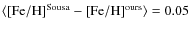 $\langle {\rm [Fe/H]}^{\rm Sousa}-{\rm [Fe/H]}^{\rm ours}\rangle = 0.05$