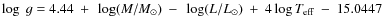 $\log~g=4.44~+~\log(M/ M_\odot)~-~\log(L/L_\odot)~+~4\log T_{\rm eff}~-~15.0447$