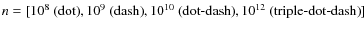 $n = [10^8\mbox{ (dot)}, 10^9\mbox{ (dash)}, 10^{10}\mbox{ (dot-dash)}, 10^{12}\mbox{ (triple-dot-dash)}]$