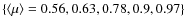 $\{\langle \mu\rangle = 0.56, 0.63, 0.78, 0.9, 0.97\}$
