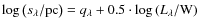 $\log\left(s_{\lambda}/{\rm pc}\right)=q_{\lambda}+0.5\cdot\log\left(L_{\lambda}/{\rm W}\right)$