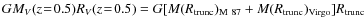 $G
M_V(z\!=\!0.5) R_V(z\!=\!0.5) = G [M(R_{\rm trunc})_{\rm M~87} +
M(R_{\rm trunc})_{\rm Virgo}] R_{\rm trunc}$