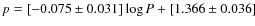 $p
= [-0.075 \pm 0.031] \log P + [1.366 \pm 0.036]$