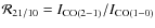 ${\cal R}_{21/10} = I_{\rm CO(2-1)}/
I_{\rm CO(1-0)}$