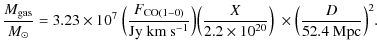 $\displaystyle {\frac {M_{\rm gas}}{M_\odot}} = 3.23 \times 10^7~\Big({\frac {F_...
...frac X {2.2 \times 10^{20}}}\Big)~ \times \Big({\frac D {\rm 52.4~Mpc}}\Big)^2.$
