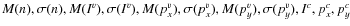 $M(n), \sigma(n), M(I^v), \sigma(I^v), M(p_x^v), \sigma(p_x^v), M(p_y^v),
\sigma(p_y^v), I^c, p_x^c, p_y^c$