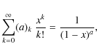 \begin{displaymath}\sum_{k = 0}^{\infty} (a)_k ~ \frac{x^k}{k!} = \frac{1}{(1 - x)^a} ,
\end{displaymath}