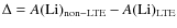 $\Delta=A\rm (Li)_{non-LTE}-\it A\rm (Li)_{LTE}$