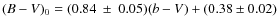 $(B-V)_0 =(0.84~\pm~0.05)(b-V)
+(0.38\pm0.02)$