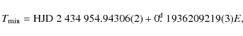 \begin{displaymath}T_{\min}={\rm HJD}\;2~434~954.94306(2)+0\hbox{$.\!\!^{\rm d}$ }1936209219(3)E,
\end{displaymath}