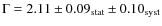 $\Gamma = 2.11 \pm 0.09_{{\rm stat}} \pm 0.10_{{\rm syst}}$