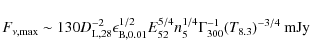 \begin{displaymath}%
F_{\nu,{\rm max}} \sim 130 D_{{\rm L},28}^{-2} \epsilon_{{\...
...^{5/4} n_5^{1/4} \Gamma_{300}^{-1} (T_{8.3})^{-3/4}~{\rm mJy}
\end{displaymath}