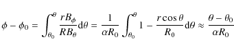 \begin{displaymath}\phi -\phi_0 = \int_{\theta_0}^\theta \frac{rB_\phi}{RB_\thet...
..._0} {\rm d}\theta \approx \frac{\theta - \theta_0}{\alpha R_0}
\end{displaymath}