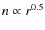 $n \propto r^{0.5}$
