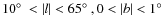 $10\hbox{$^\circ$ }<\vert l\vert<
65\hbox{$^\circ$ }, 0<\vert b\vert< 1\hbox{$^\circ$ }$
