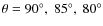 $\theta = 90^\circ, ~ 85^\circ, ~ 80^\circ$