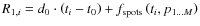 $R_{1,i}= d_0\cdot \left(t_i-t_0\right) + f_{\rm spots}\left(t_i,p_{1\dots{} M}\right)$