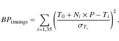 \begin{displaymath}%
BP_{\rm timings} = \sum_{i=1,35} \left(\frac{T_0 + N_i \times P - T_i}{\sigma_{T_i}} \right)^2,
\end{displaymath}