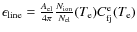 $\epsilon_{\rm line} = {A_{\rm el} \over 4 \pi} {N_{\rm ion}\over N_{\rm el}} (T_{\rm e}) C^{\rm e}_{\rm fj}(T_{\rm e})$