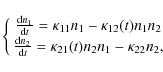 \begin{displaymath}\left \{ \matrix {\frac{{\rm d}n_1}{{\rm d}t} = \kappa_{11} n...
...{\rm d}t} = \kappa_{21}(t) n_2 n_1 - \kappa_{22} n_2,} \right.
\end{displaymath}