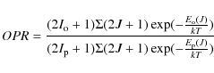 \begin{displaymath}OPR = \frac{(2I_{\rm o}+1) \Sigma (2J+1) \exp(-\frac{E_{\rm o...
... {(2I_{\rm p}+1) \Sigma (2J+1) \exp(-\frac{E_{\rm p}(J)}{kT})}
\end{displaymath}