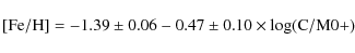 \begin{displaymath}{\rm [Fe/H]}=-1.39\pm0.06 -0.47\pm0.10 \times \log({\rm C/M0+})
\end{displaymath}