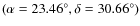 $(\alpha=23.46^\circ,\delta=30.66^\circ)$
