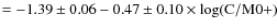 $ = - 1.39\pm0.06 -0.47 \pm 0.10 \times \log({\rm C/M0+})$
