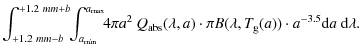 $\displaystyle \int_{+1.2~mm - b}^{+1.2~mm + b} \!\!\int_{a_{\rm min}}^{a_{\rm m...
...mbda,a)\cdot \pi B(\lambda,T_{\rm g}(a))\cdot a^{-3.5}{\rm d}a~ {\rm d}\lambda.$