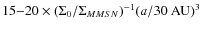 $15{-}20 \times (\Sigma_0 / \Sigma_{MMSN})^{-1} (a/{\rm 30~AU})^3$