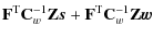 $\displaystyle \mathbf{F}^{\rm T}{\mathbf{C}_w^{-1}}\mathbf{Z}\vec{s}+ \mathbf{F}^{\rm T}{\mathbf{C}_w^{-1}}\mathbf{Z}\vec{w}$