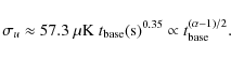 \begin{displaymath}%
\sigma_u \approx 57.3~\mu{\rm K}~ t_{\rm base}({\rm s})^{0.35} \propto
t_{\rm base}^{(\alpha-1)/2}.
\end{displaymath}