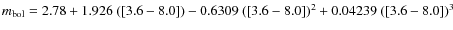 $m_{\rm bol} = 2.78 + 1.926 ~ ([3.6-8.0]) -0.6309 ~ ([3.6-8.0])^2 +0.04239 ~ ([3.6-8.0])^3$