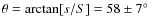 $\theta = \arctan [s/S] = 58\pm7\hbox{$^\circ$ }$