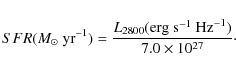 \begin{displaymath}%
SFR (M_\odot~{\rm yr}^{-1}) = {L_{2800} ({\rm erg~s}^{-1}~{\rm Hz}^{-1}) \over 7.0 \times 10^{27}}\cdot
\end{displaymath}