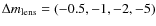 $\Delta m_{\rm lens}=(-0.5,-1,-2,-5)$
