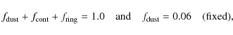 \begin{displaymath}f_{\rm dust} + f_{\rm cont} + f_{\rm ring} = 1.0 \quad {\rm and} \quad f_{\rm dust} = 0.06 \quad {(\rm fixed)},
\end{displaymath}