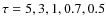 $\tau = 5, 3, 1, 0.7, 0.5$